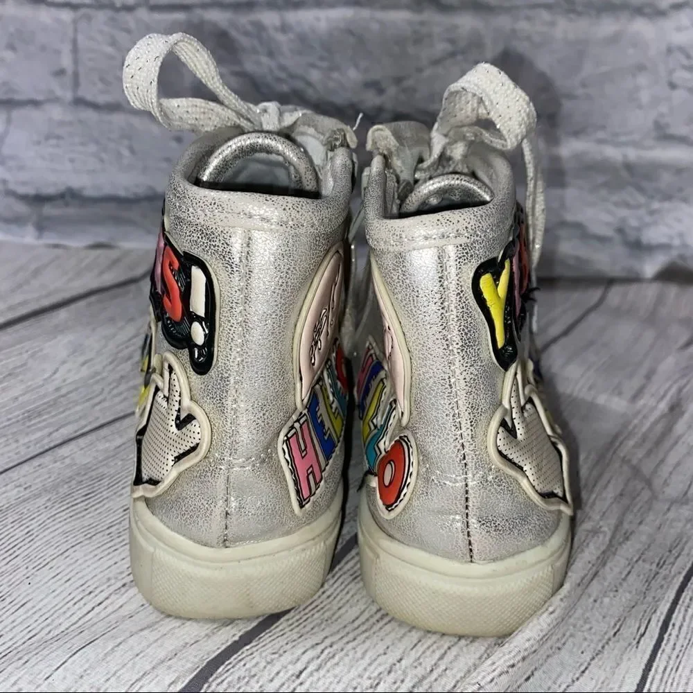 Justice high top sneakers with side zipper and tie up laces silver girls sz 13